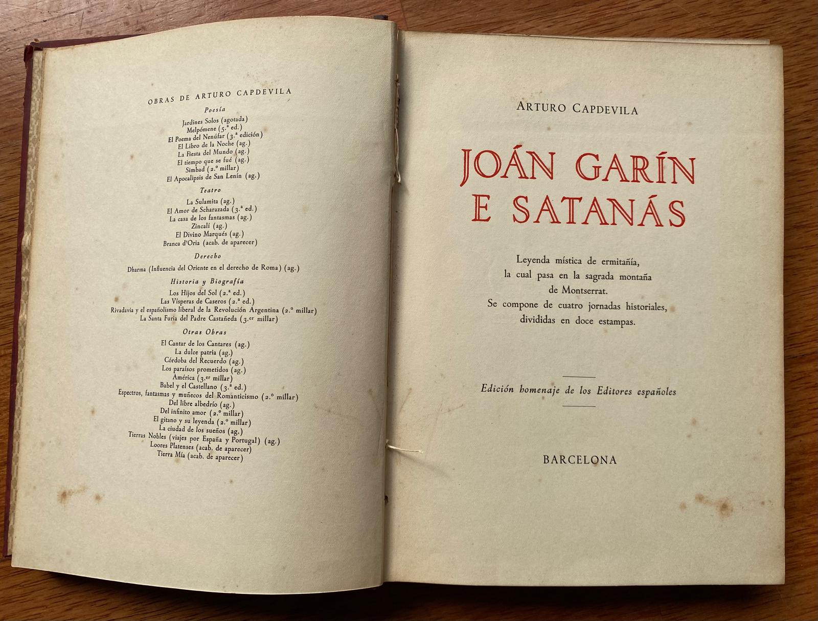 Joán Garín E Satanás - Arturo Capdevila - 1935 (Autografiado por el autor)