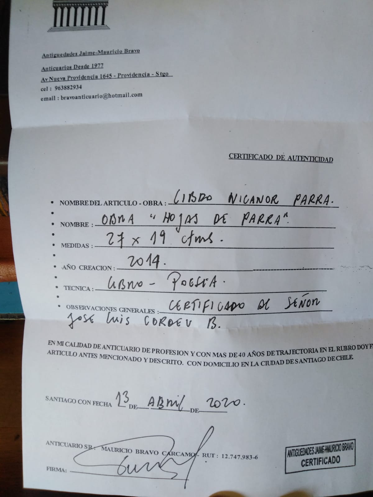 Hojas de Parra - Nicanor Parra (firmado por el autor)
