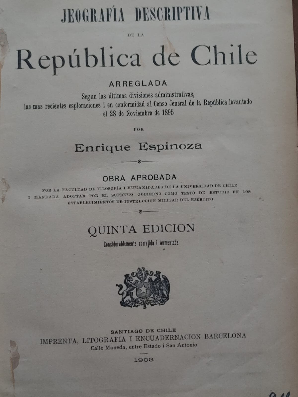 JEOGRAFÍA DESCRIPTIVA DE LA REPÚBLICA DE CHILE de Enrique Espinoza