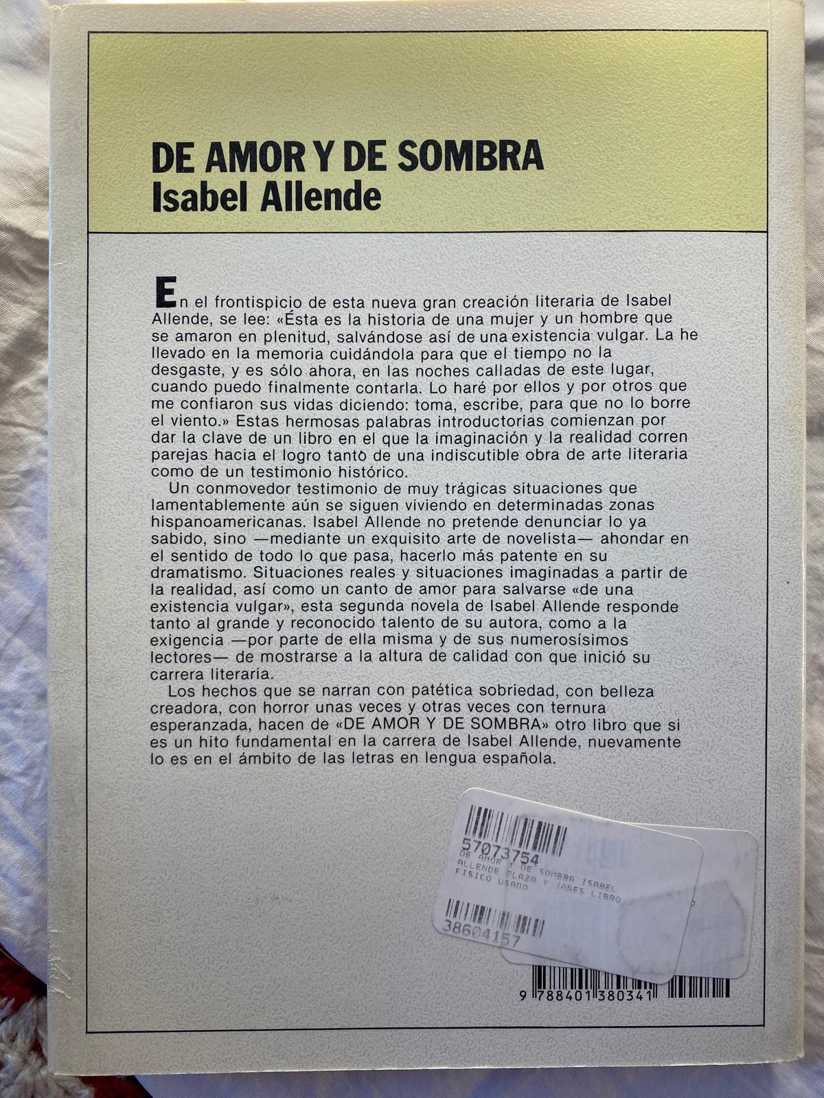 DE AMOR Y DE SOMBRA de Isabel Allende. Octava edición. Noviembre 1986 - Imagen 3