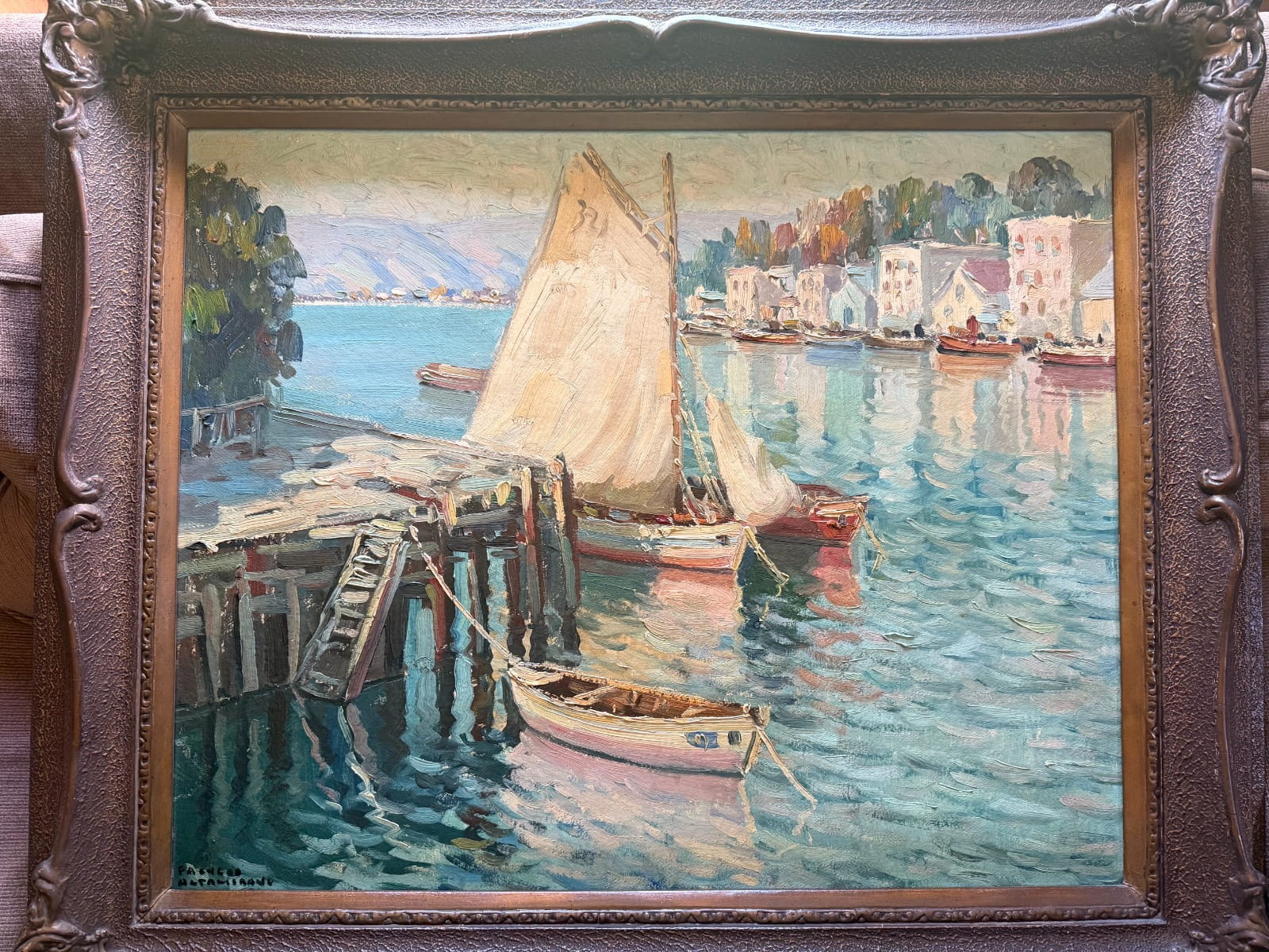Arturo Pacheco Altamirano - Óleo sobre madera ‘Veleros En El Muelle’