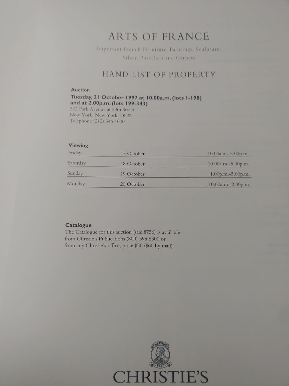 ARTS OF FRANCE. HAND LIST OF PROPERTY. NEW YORK TUESDAY, 21 OCTOBER 1997. CHRISTIE´S - Imagen 2
