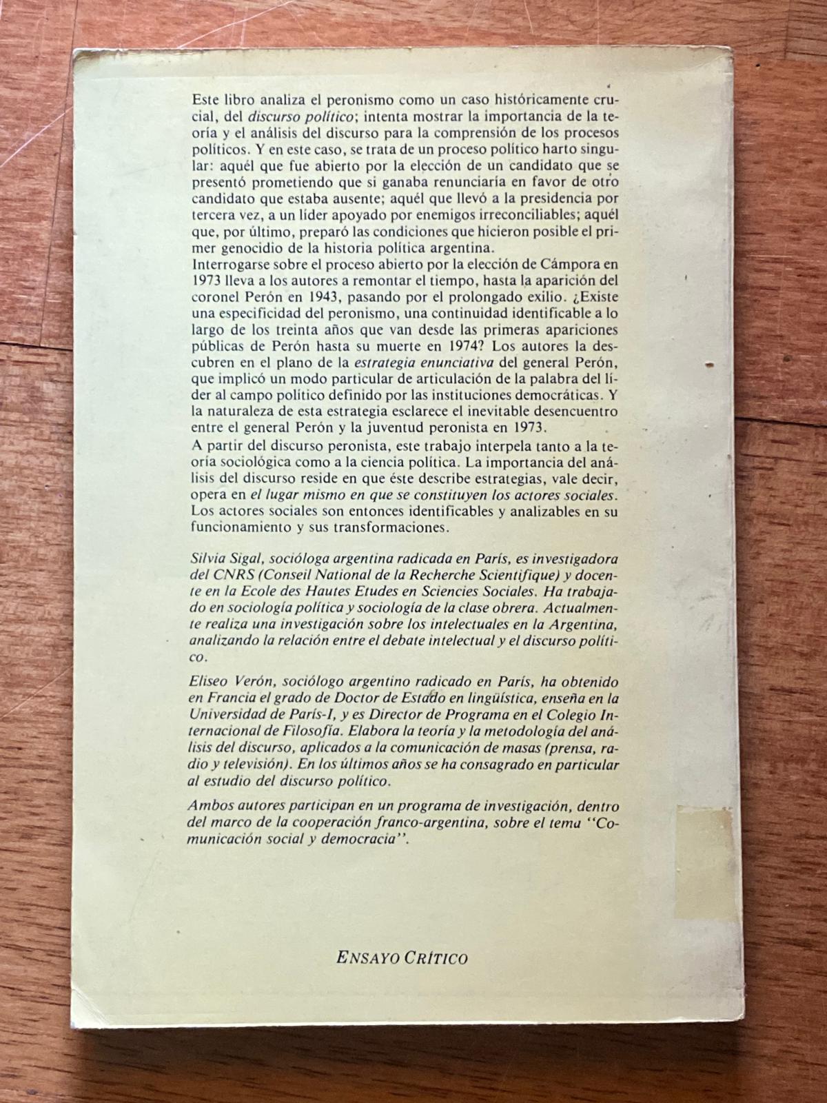 PERON O MUERTE: LOS FUNDAMENTOS DISCURSIVOS DEL FENÓMENO PERONISTA de Silvia Sigal y Eliseo Verón - Imagen 5
